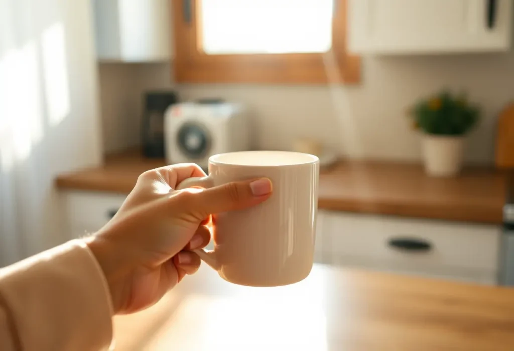Une main tenant délicatement une tasse de porcelaine pleine d’eau, symbole d’acceptation et de stabilité.