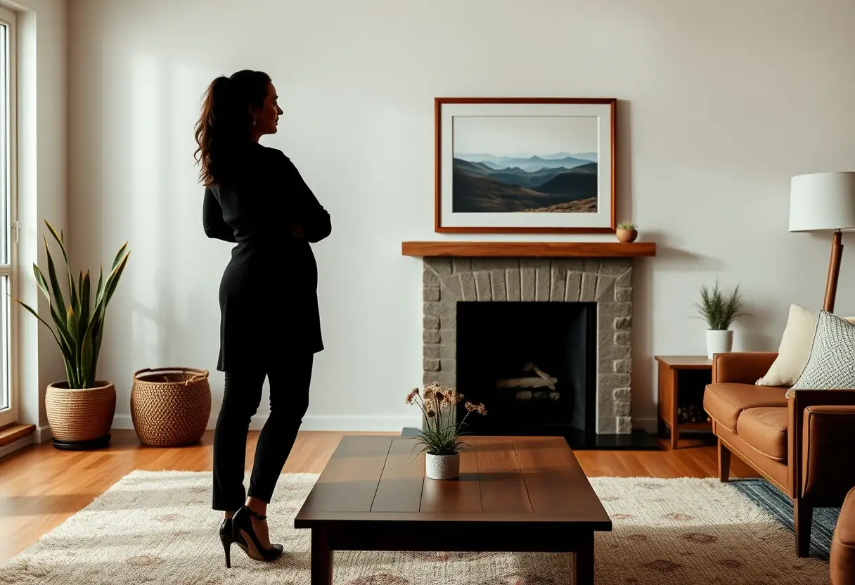 Silhouette d'une femme dans un salon accueillant, évoquant la confiance et le bien-être.