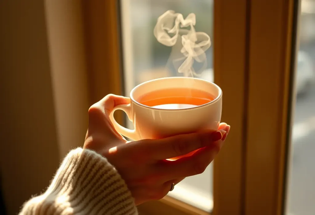 Une main féminine tient une tasse de thé chaud, évoquant le bien-être intime.