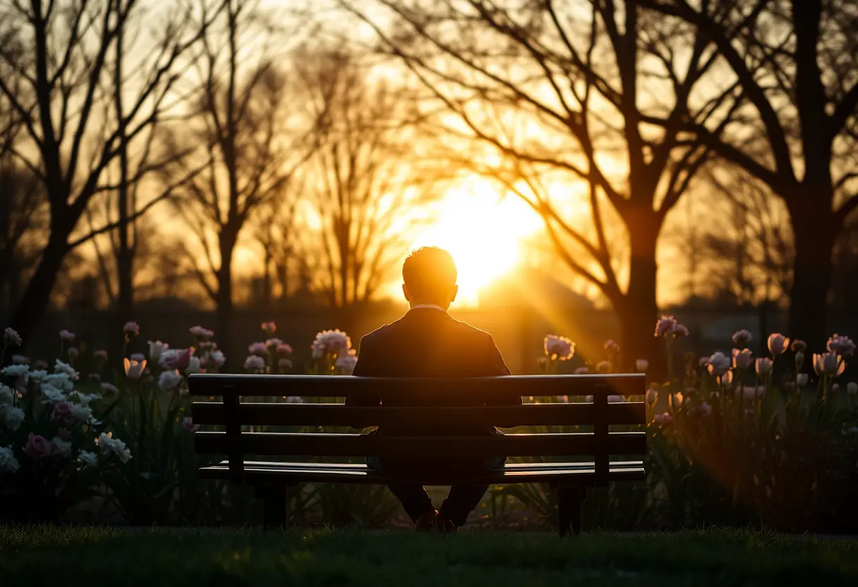 Une silhouette assise sur un banc dans un parc fleuri, représentant la tranquillité et le réconfort.