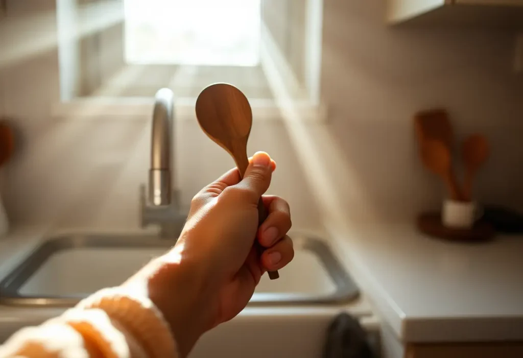 Une main féminine tient délicatement une cuillère en bois dans une cuisine baignée de lumière naturelle.