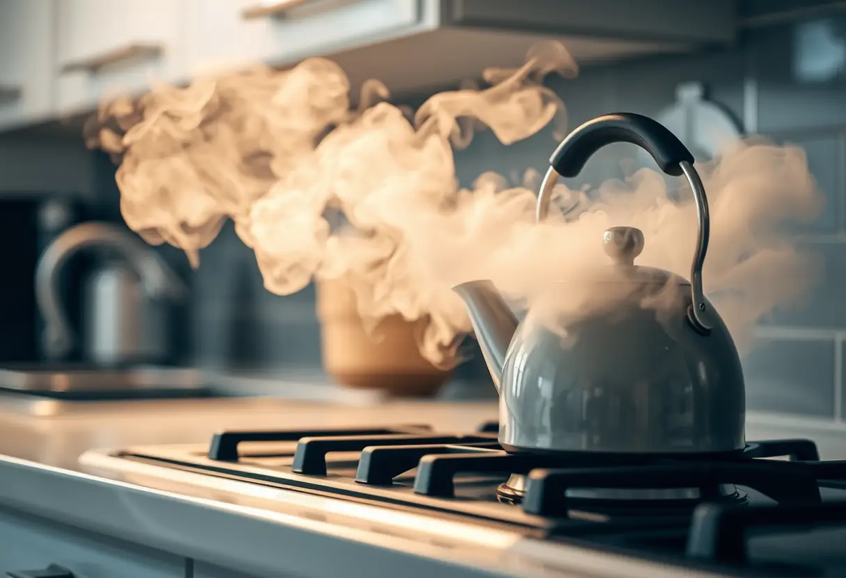 Un bouilloire sifflote sur une cuisinière, émettant de la vapeur chaude, représentant le confort domestique.