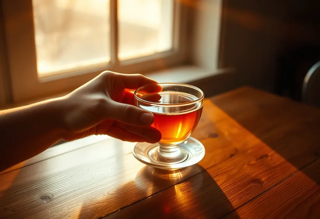 Une main tenant une tasse de thé aromatisé, lumière douce qui réchauffe la pièce