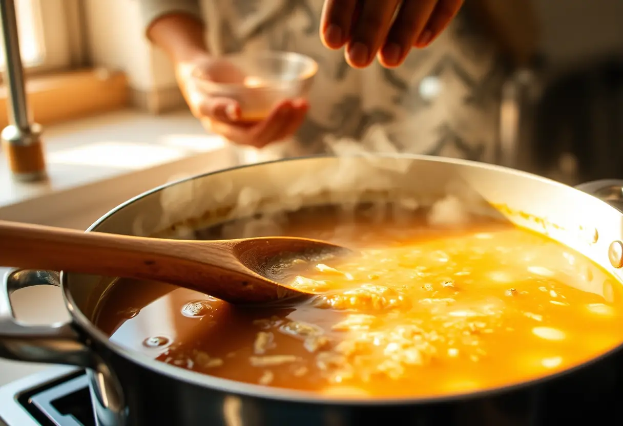 Cuillère en bois remuant une marmite de soupe, lumière matinale qui réchauffe l'atmosphère