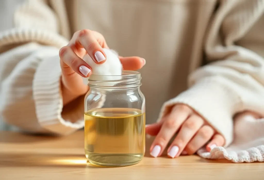 Une main posant délicatement une boulette de coton dans un bocal de verre rempli de liquide clair, illustrant la prise en charge de la santé intime.