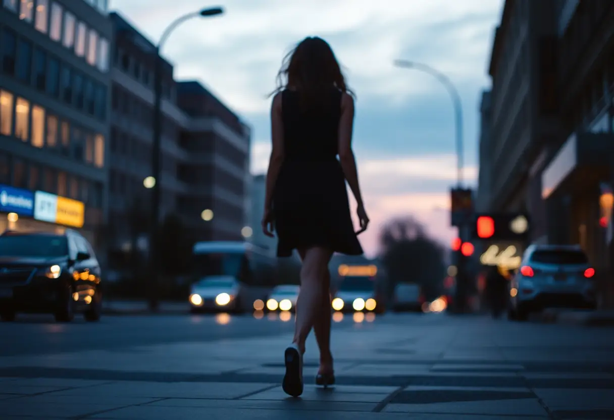 Un silhouette floue d'une femme marchant dans une rue de ville au crépuscule, ses pas assurés et confiants, évoquant l'emprise et l'acceptation de soi.