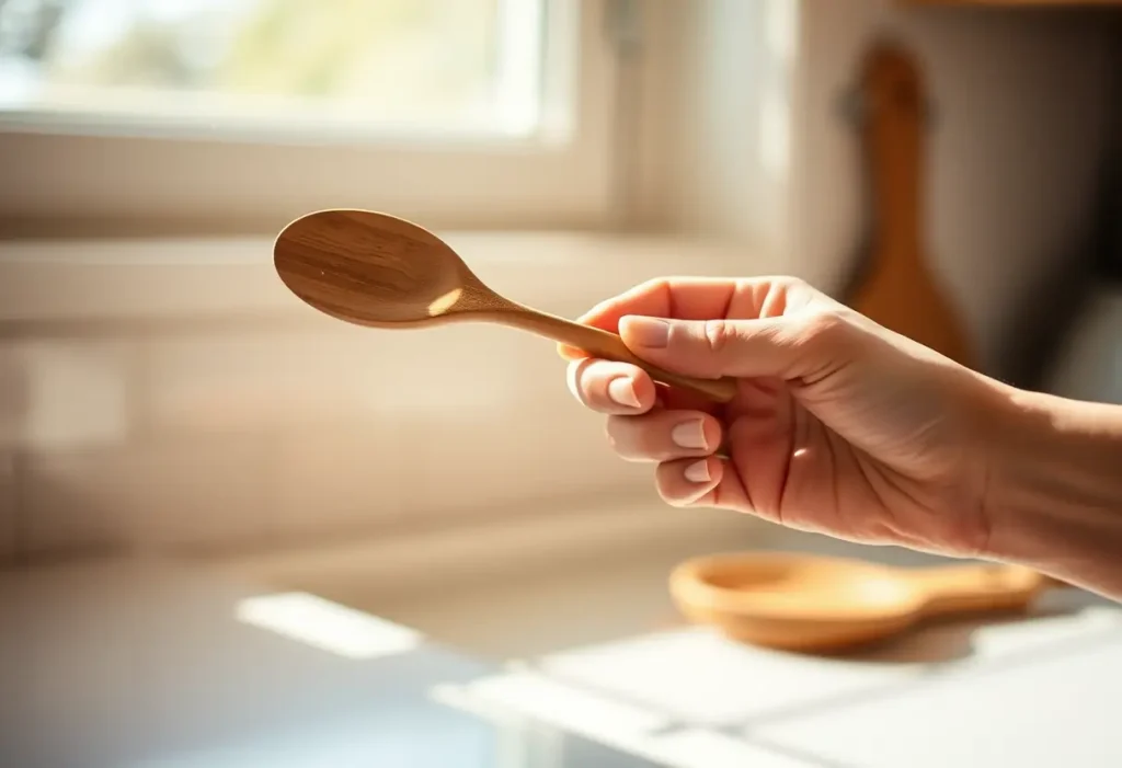 Une main féminine tenant une cuillère en bois dans une cuisine baignée de lumière naturelle.
