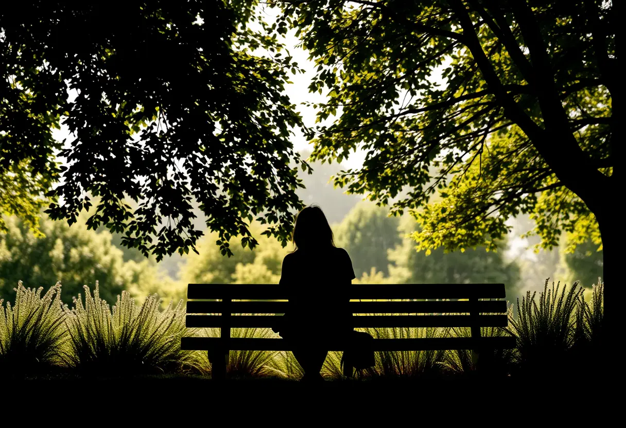 Silhouette d'une femme assise sur un banc dans un parc ombragé, illustrant la sérénité.