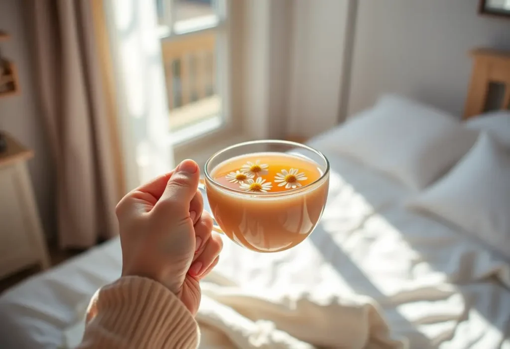 Une main tenant une tasse de thé aux fleurs de camomille dans une chambre accueillante