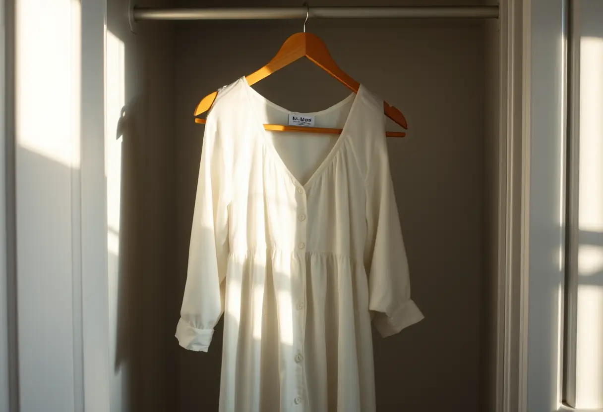 Un cintreuse en bois avec une nuitée en coton froissée dans une armoire, lumière douce