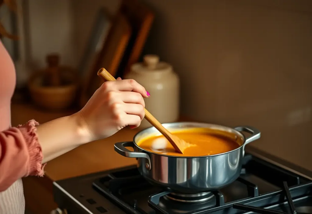 Une main féminine tient une cuillère en bois dans une cuisine accueillante