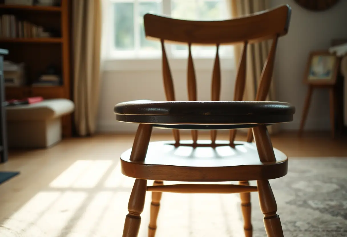 Un fauteuil en bois dans un salon, usé par le temps et le confort