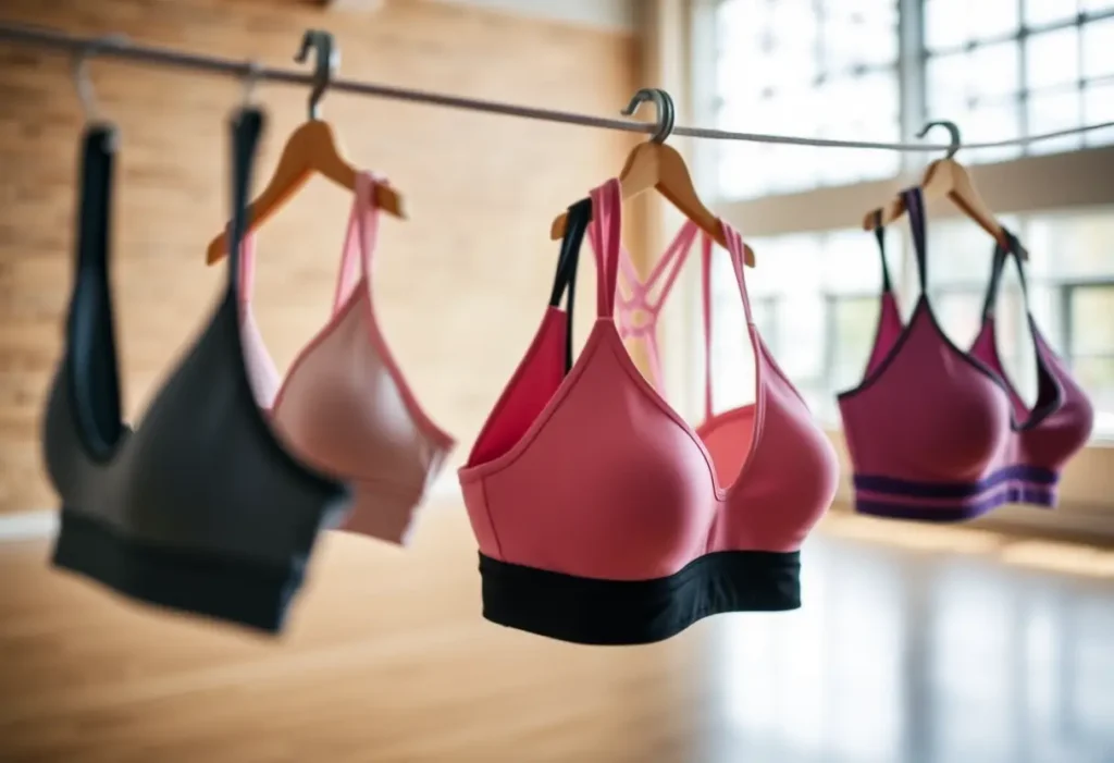 Vue floue d'une salle de gym avec des soutiens-gorge de sport suspendus à une corde à linge, mettant en valeur l'importance du choix approprié selon l'activité.