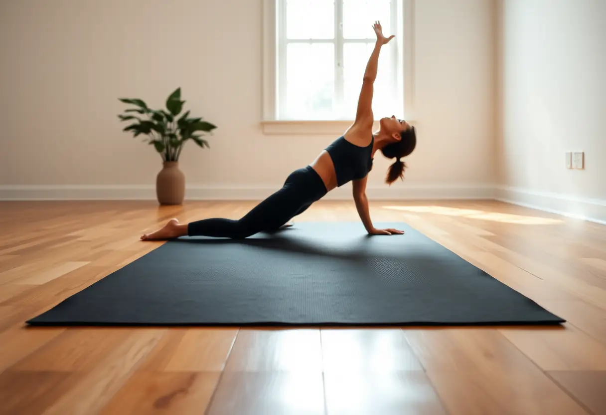 Un tapis de yoga noir sur un sol en bois dur, éclairé naturellement, avec la silhouette d'une femme en position de chien tête en bas, dans le cadre de l'article sur les sous-vêtements de sport.