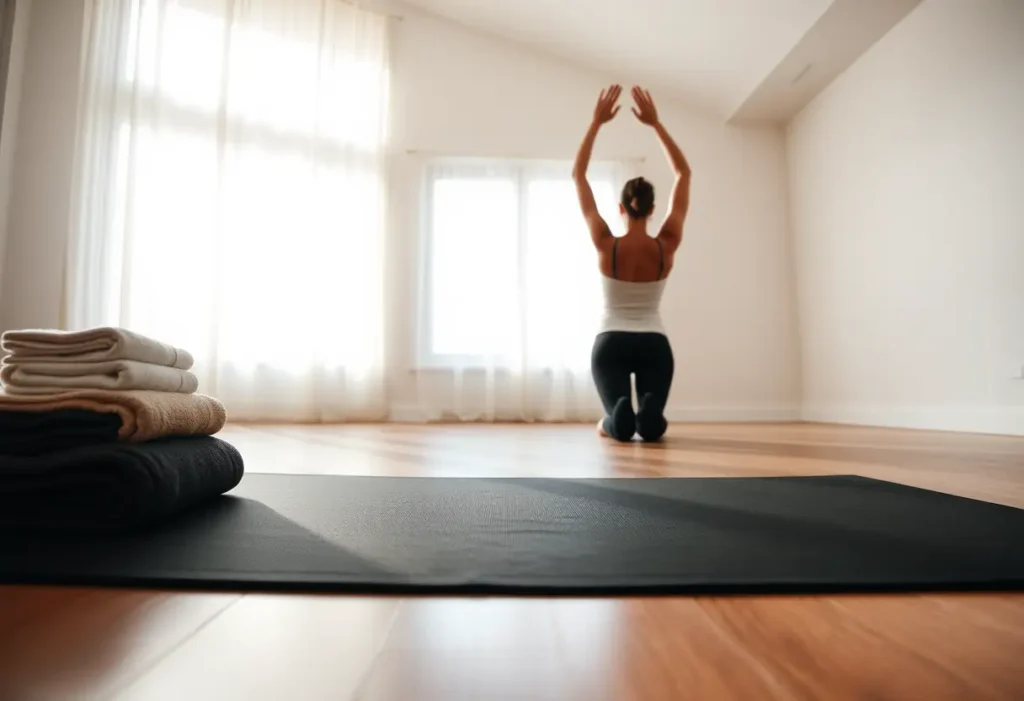Un tapis de yoga noir étalé dans une pièce lumineuse, symbolisant la nécessité d'un bon soutien-gorge pour la pratique du yoga.