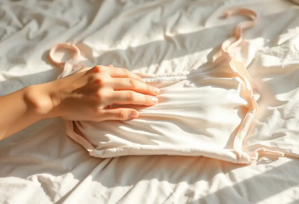 Une main ajustant délicatement un sous-vêtement en coton le matin