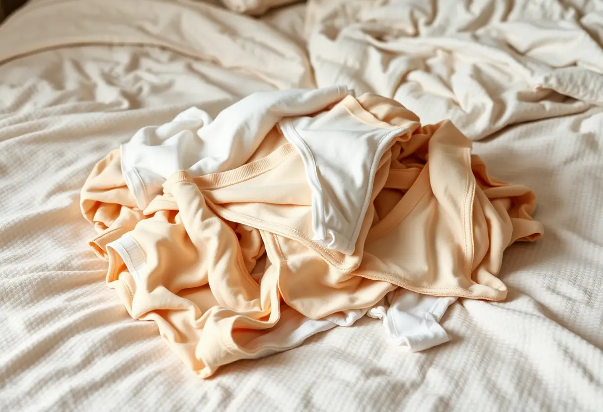Pile de strings en microfibre sur un lit