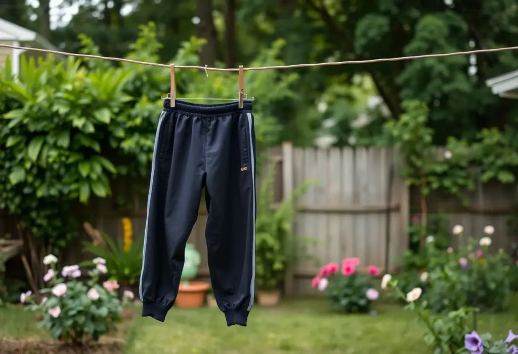 Une culotte d'apprentissage accrochée sur une corde à linge dans un jardin arboré