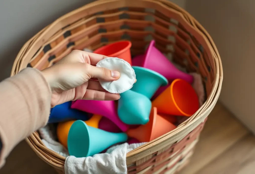 Mainière de tenir un tampon en coton près d'un panier à linge en bois contenant des coupes menstruelles.