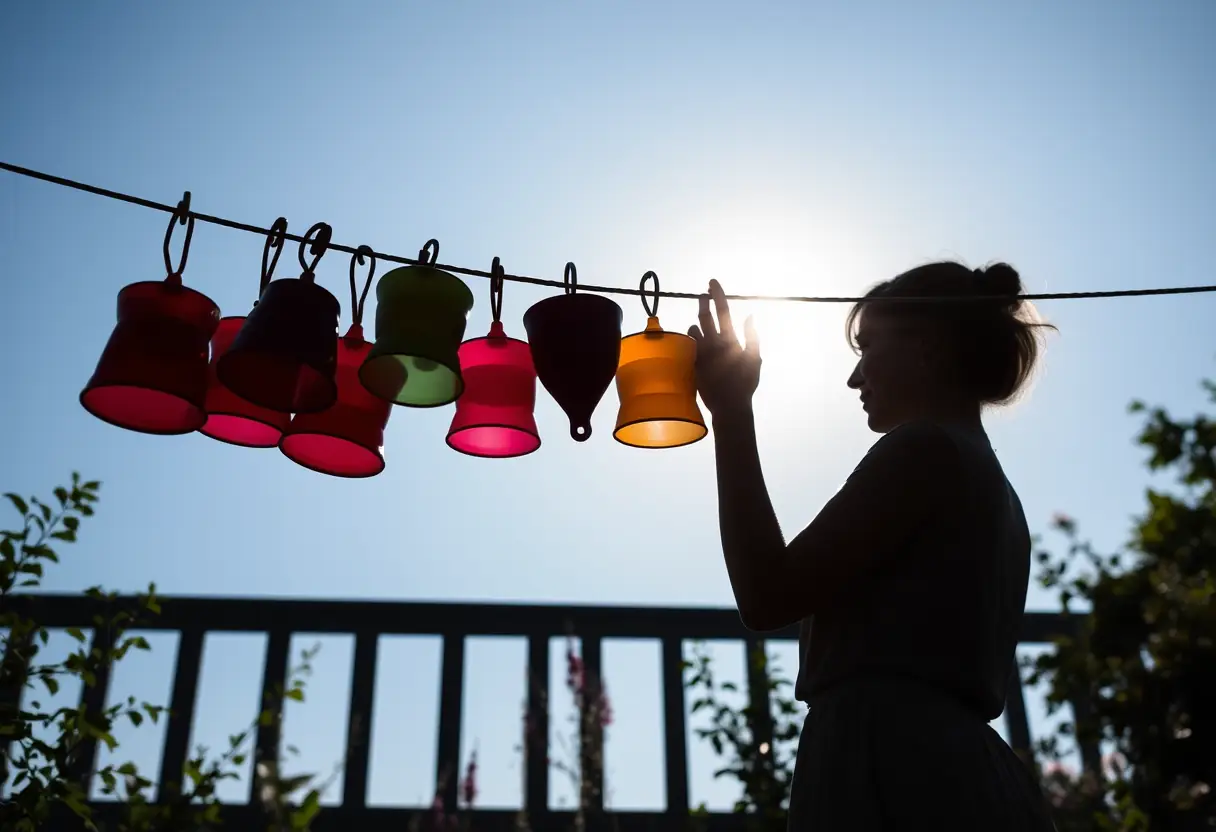 Silhouette d'une femme suspendant des coupes menstruelles colorées sur une corde à linge dans un jardin, vue depuis le bas contre un ciel bleu clair.