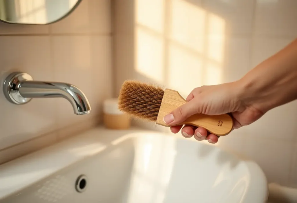 Une main tient un pinceau en bois brossant délicatement un lavabo en porcelaine blanche, soulignant la routine matinale de soins de la peau