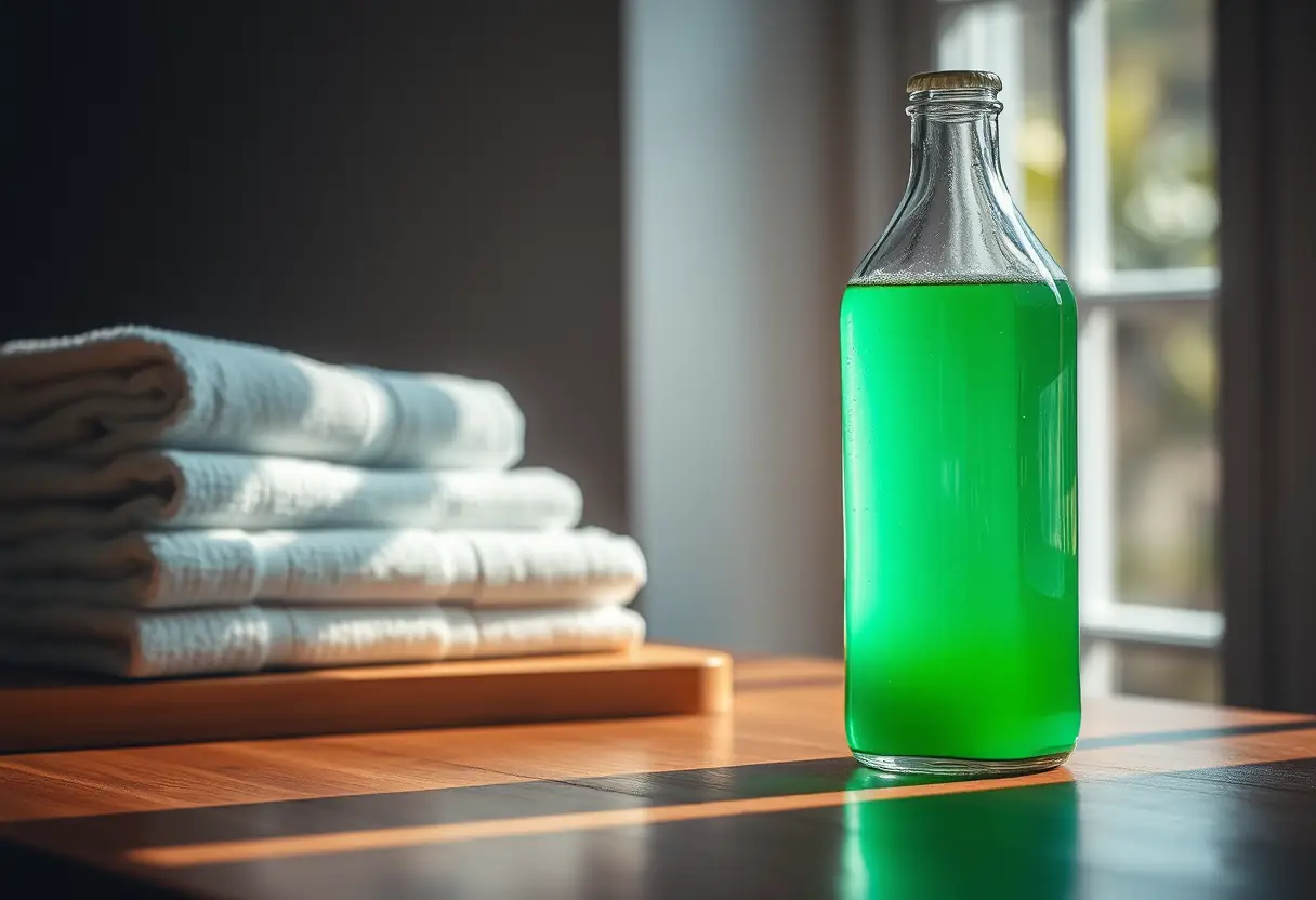 Une bouteille en verre remplie de liquide vert se trouve sur une table en bois près d'une pile de serviettes pliées, mettant en valeur l'importance de l'hydratation