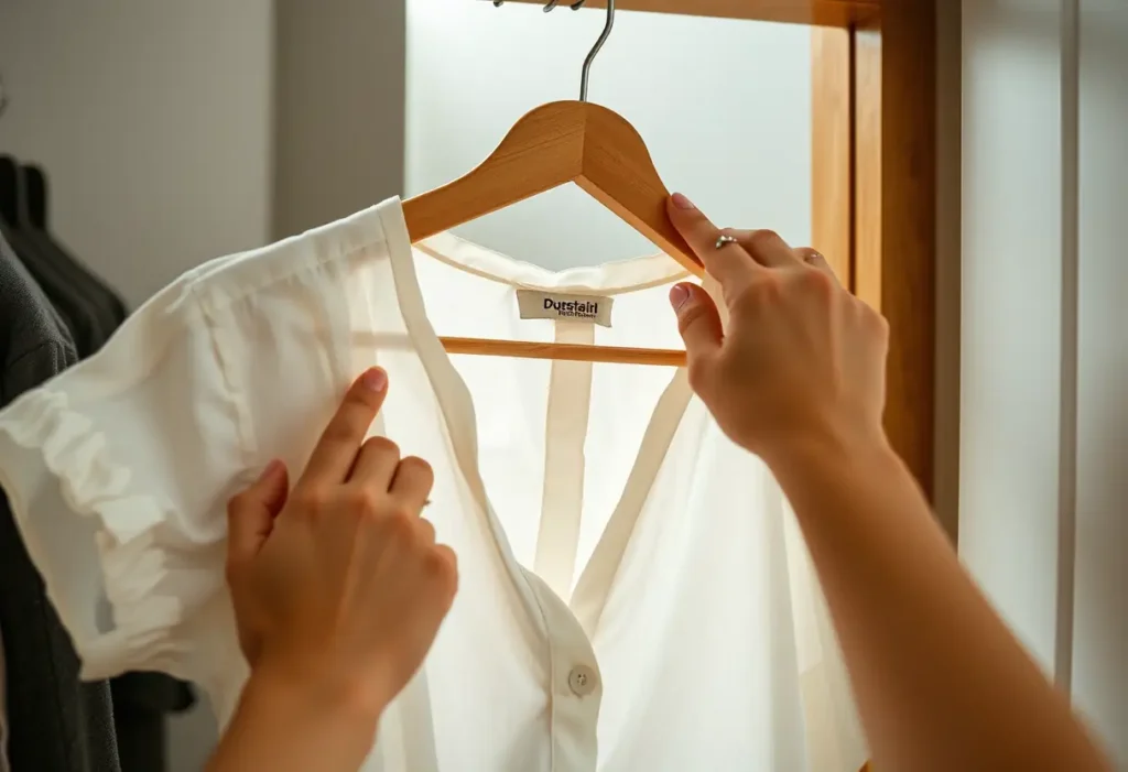Une main lisse une chemise froissée dans une armoire, symbolisant l'acceptation de soi.
