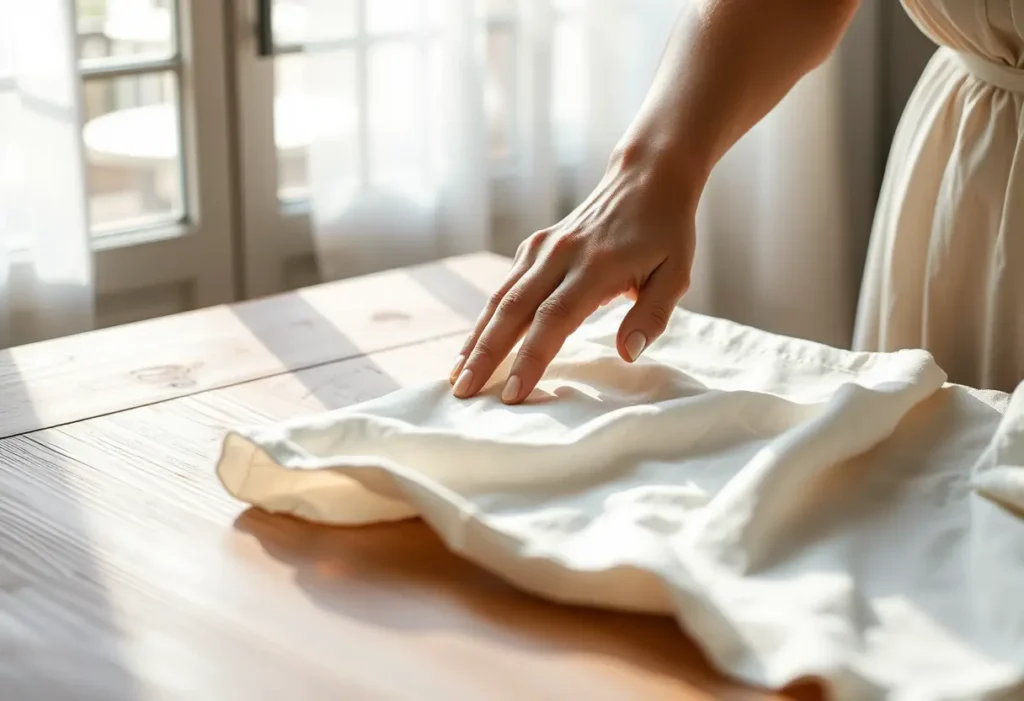 Une main lisse un morceau de tissu sur une table en bois, évoquant la douceur d'une culotte bien choisie