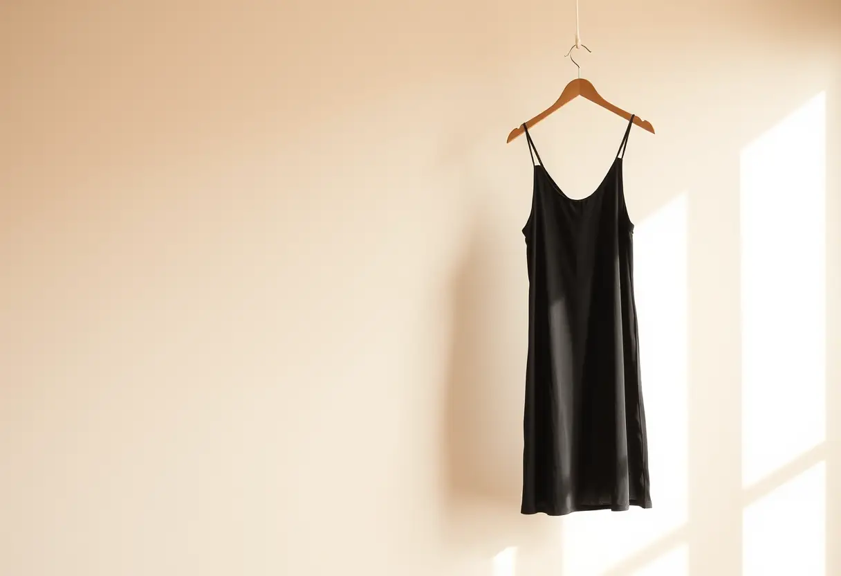 Un cintre en bois porte un slip en coton noir, soulignant la simplicité et l'élégance d'une culotte adaptée à sa morphologie