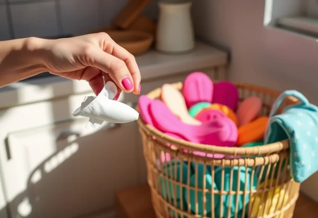 Main : une main féminine tenant un tampon en coton près d'un panier à linge en bambou rempli de serviettes hygiéniques colorées dans une cuisine éclairée naturellement.