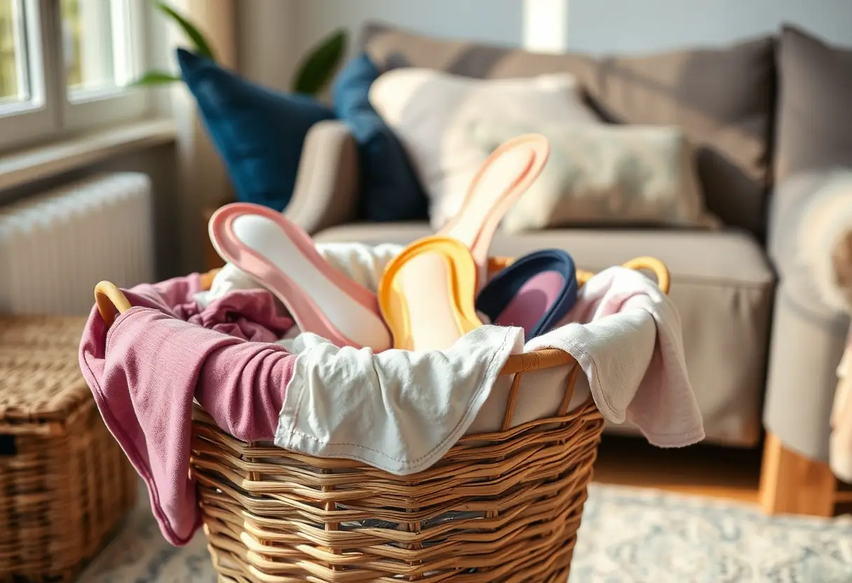 Texte alternatif : Un panier à linge en bambou rempli de serviettes hygiéniques colorées dans un salon accueillant, éclairé par une lumière douce et naturelle.