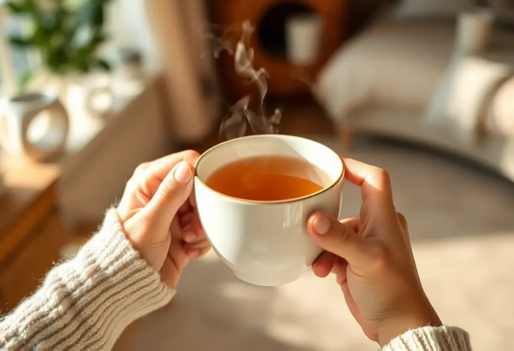 Des mains tenant une tasse de thé chaud pour apaiser les crampes menstruelles.