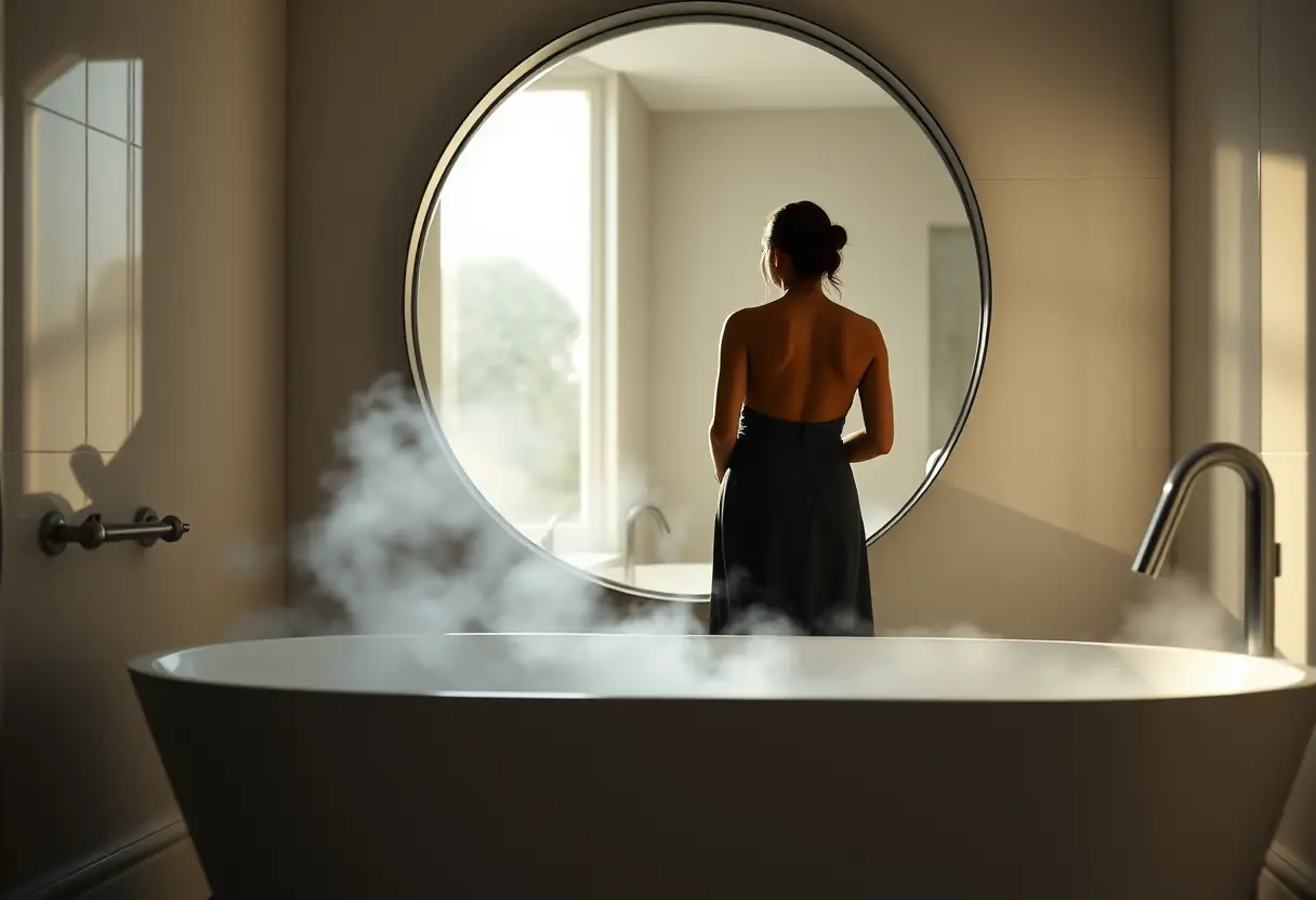 Un reflet d'une silhouette devant un bain chaud pour soulager les douleurs menstruelles.