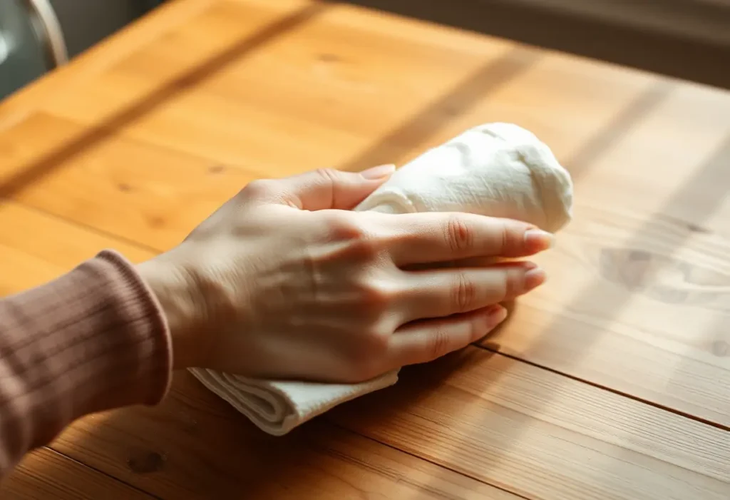 Une main féminine tient du matériel absorbant sur une table