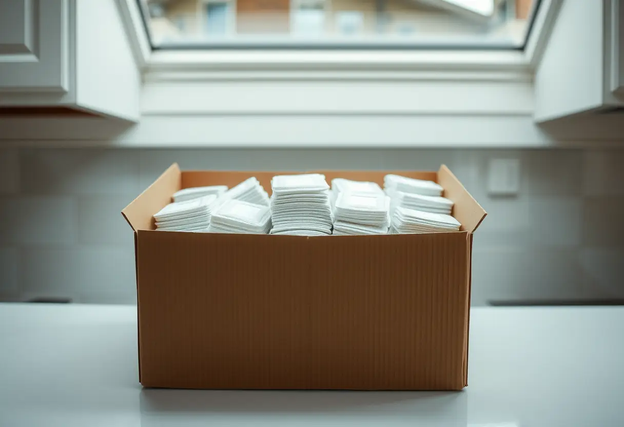 Une boîte rectangulaire contenant des protections disposées sur un comptoir de cuisine