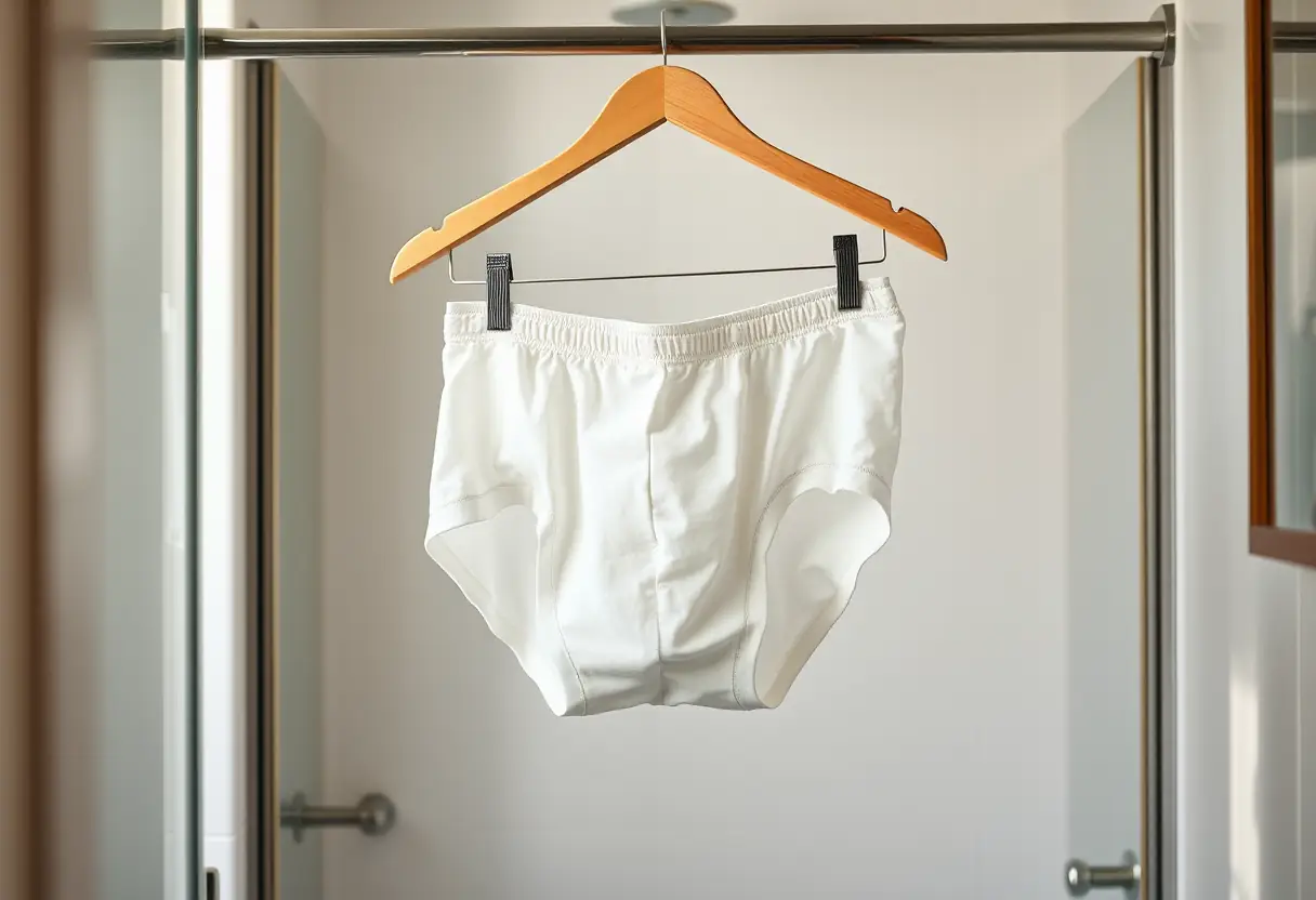 Des sous-vêtements en coton suspendus à un cintre en bois dans une salle de bains bien éclairée, rappelant l'importance d'une bonne taille pour la santé et le confort.