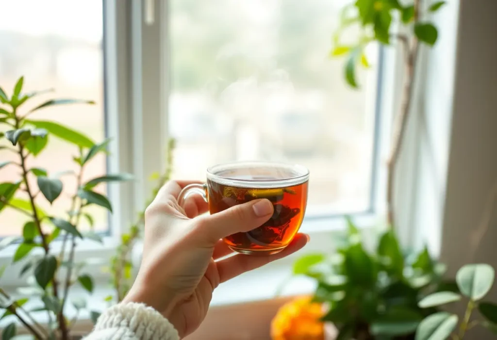 Main tenant une tasse de thé herbagé, entourée de plantes et baignée de lumière naturelle, symbole de chaleur et de soins personnels