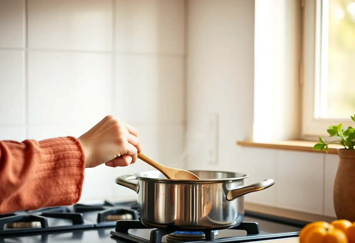 Une main féminine tient une cuillère en bois dans une cuisine, éclairée par la lumière naturelle