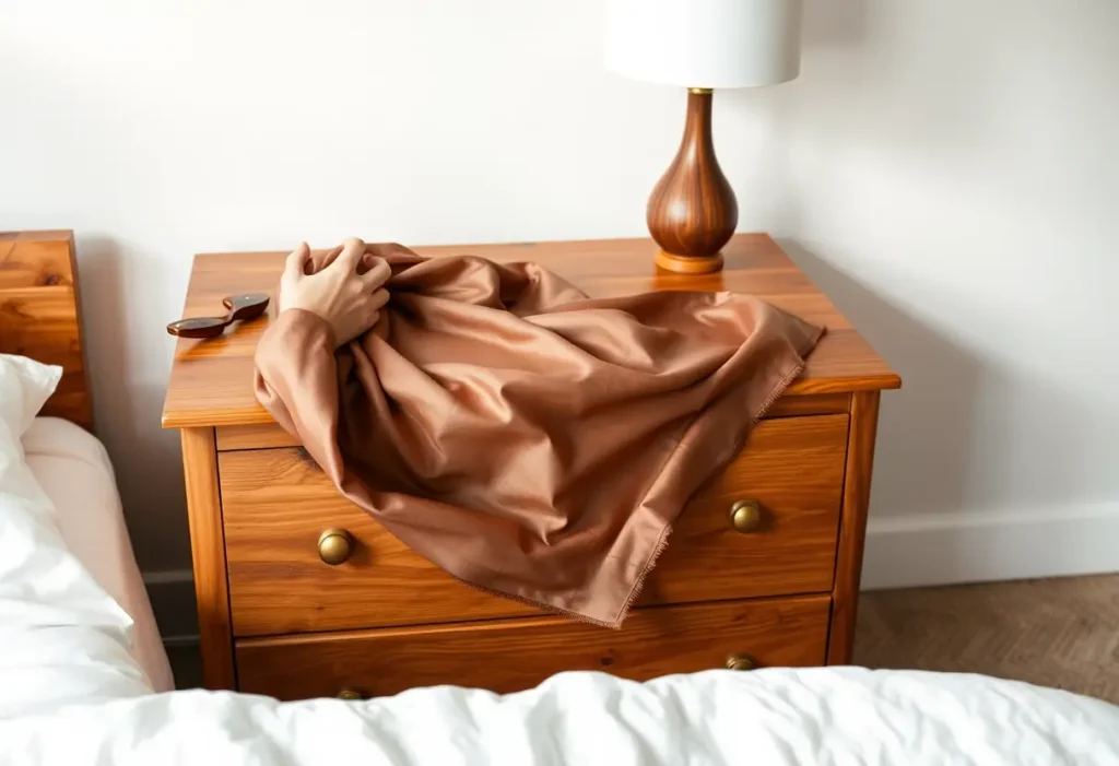 Une main lissant un foulard en soie sur une commode en bois, favorisant le flux d'énergie positive
