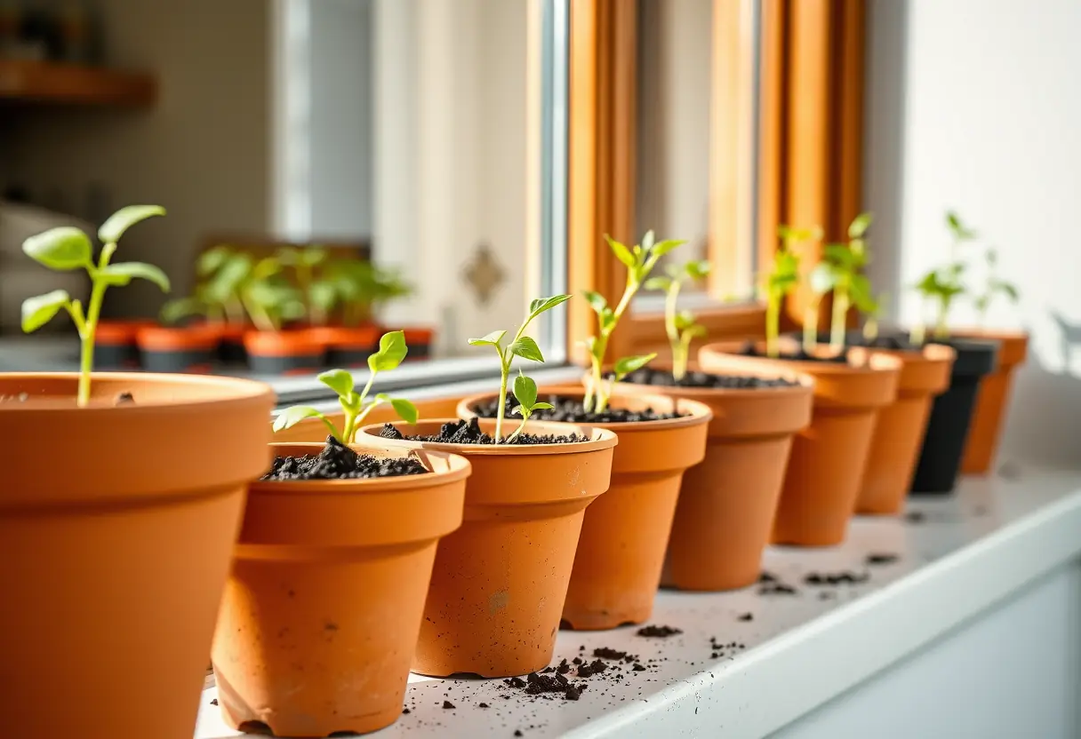 Des pots de terre cuite remplis de terre alignés sur un rebord de fenêtre, symbole de croissance et de renouvellement
