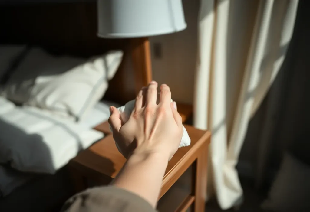 Une main tenant un morceau de coton sur une table de nuit, symbolisant le confort et l'attention