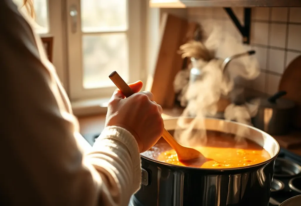 Une main féminine tient une cuillère en bois dans une cuisine accueillante, rappelant le bien-être et la guérison.