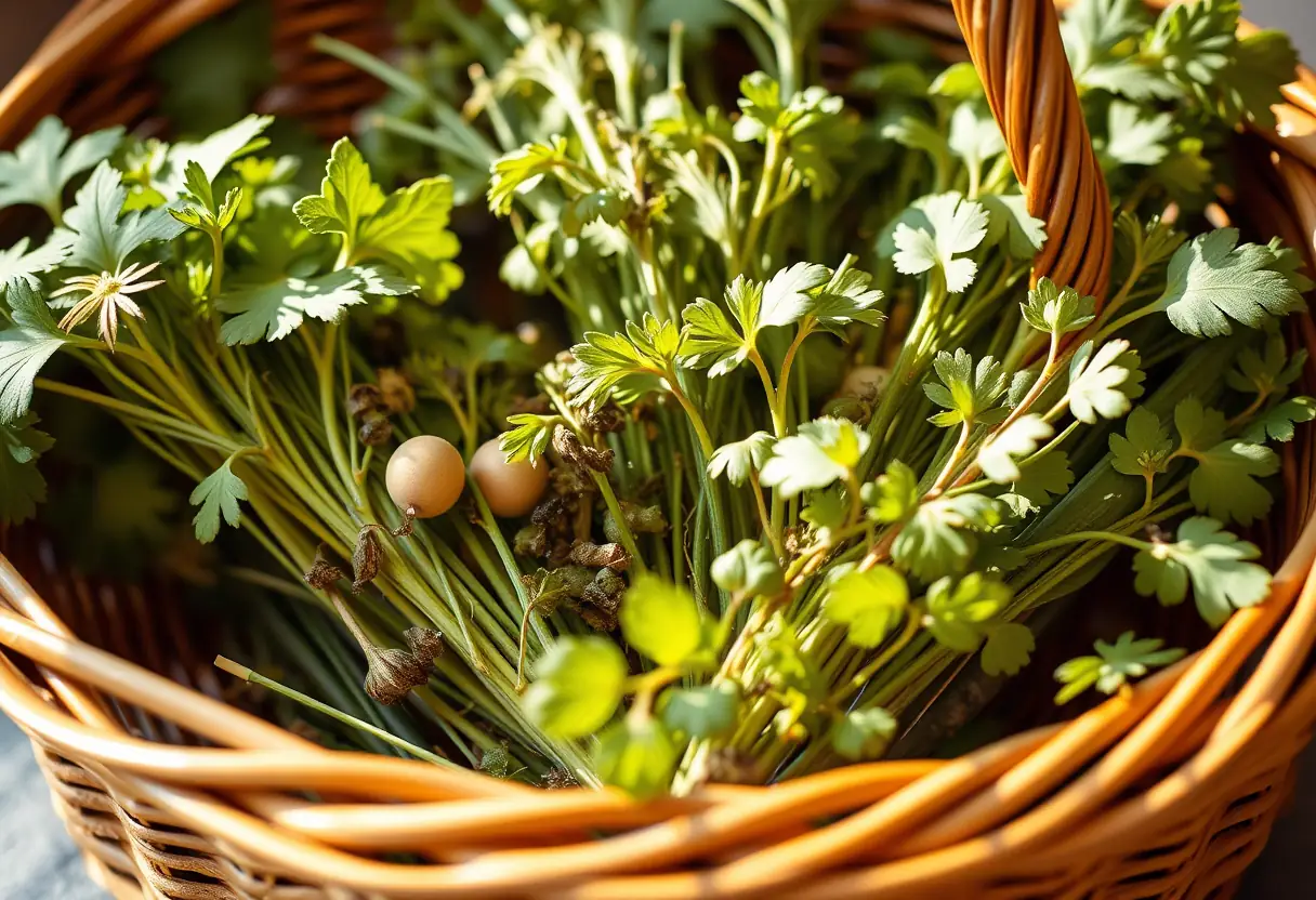 Un panier tressé rempli d'herbes fraîches, symbolisant les éléments naturels du processus de guérison.