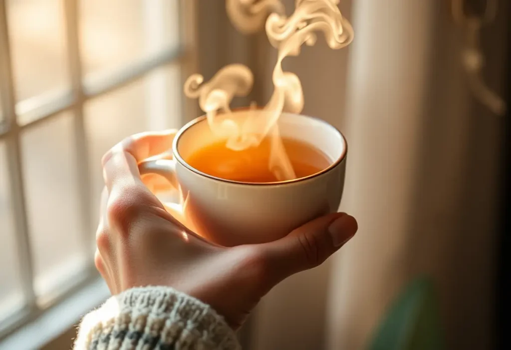 Une main féminine tient une tasse de thé chaud, évoquant sérénité et bien-être