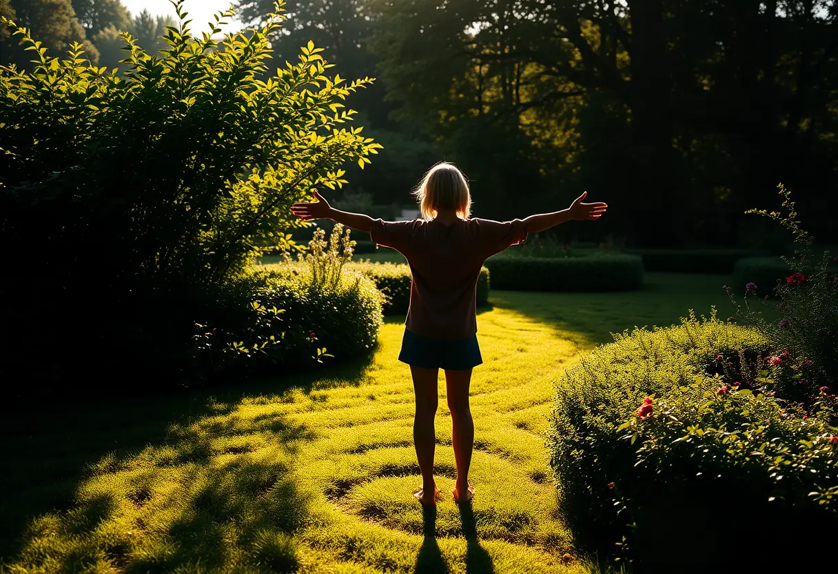 Main: un profil d'une femme s'étendant vers la verdure d'un jardin, lumière matinale naturelle