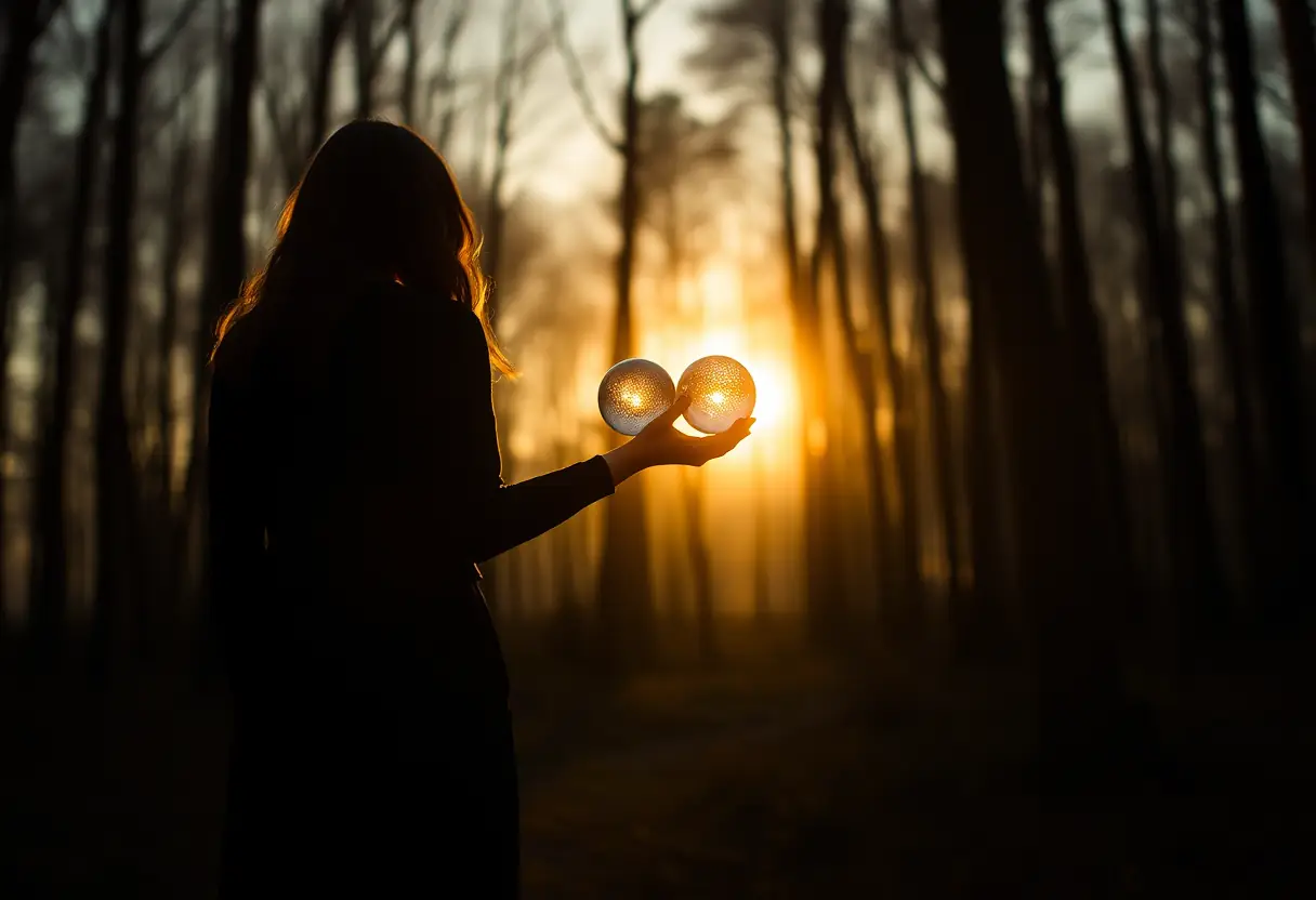 Une femme se promenant dans une forêt, tenant des boules en verre, éclairée par la lumière du matin