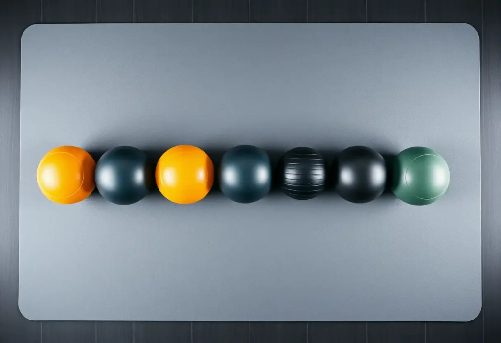 Vue aérienne d'un tapis de gymnastique avec des ballons d'exercice rangés en file, illustrant les exercices de rééducation pelvienne.