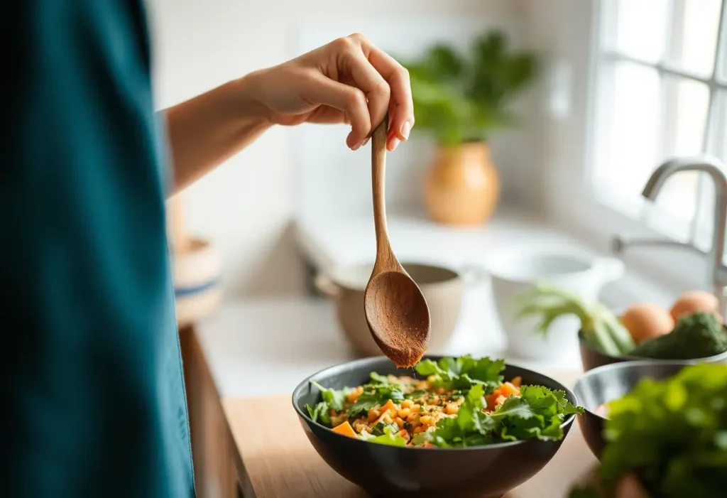 Une main féminine tient une cuillère en bois pendant la préparation d'un repas sain.