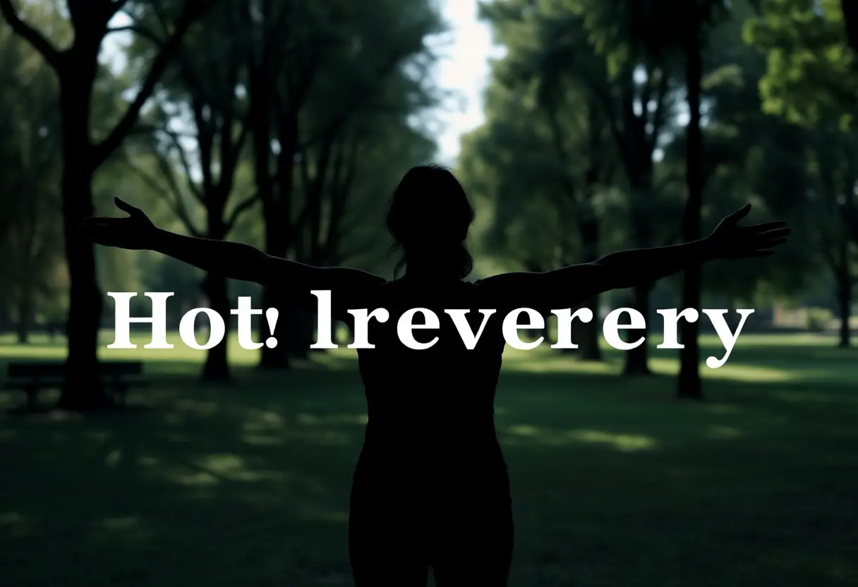 Une silhouette de femme s'étire dans un parc apaisant, soulignant l'importance de l'activité physique.