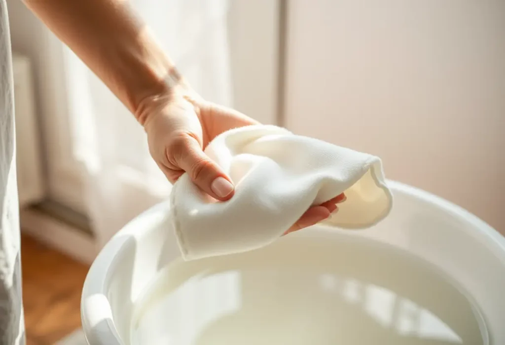Une main féminine tenant un gant de toilette en coton dans un bol d'eau tiède, symbolisant la douceur de la rééducation.